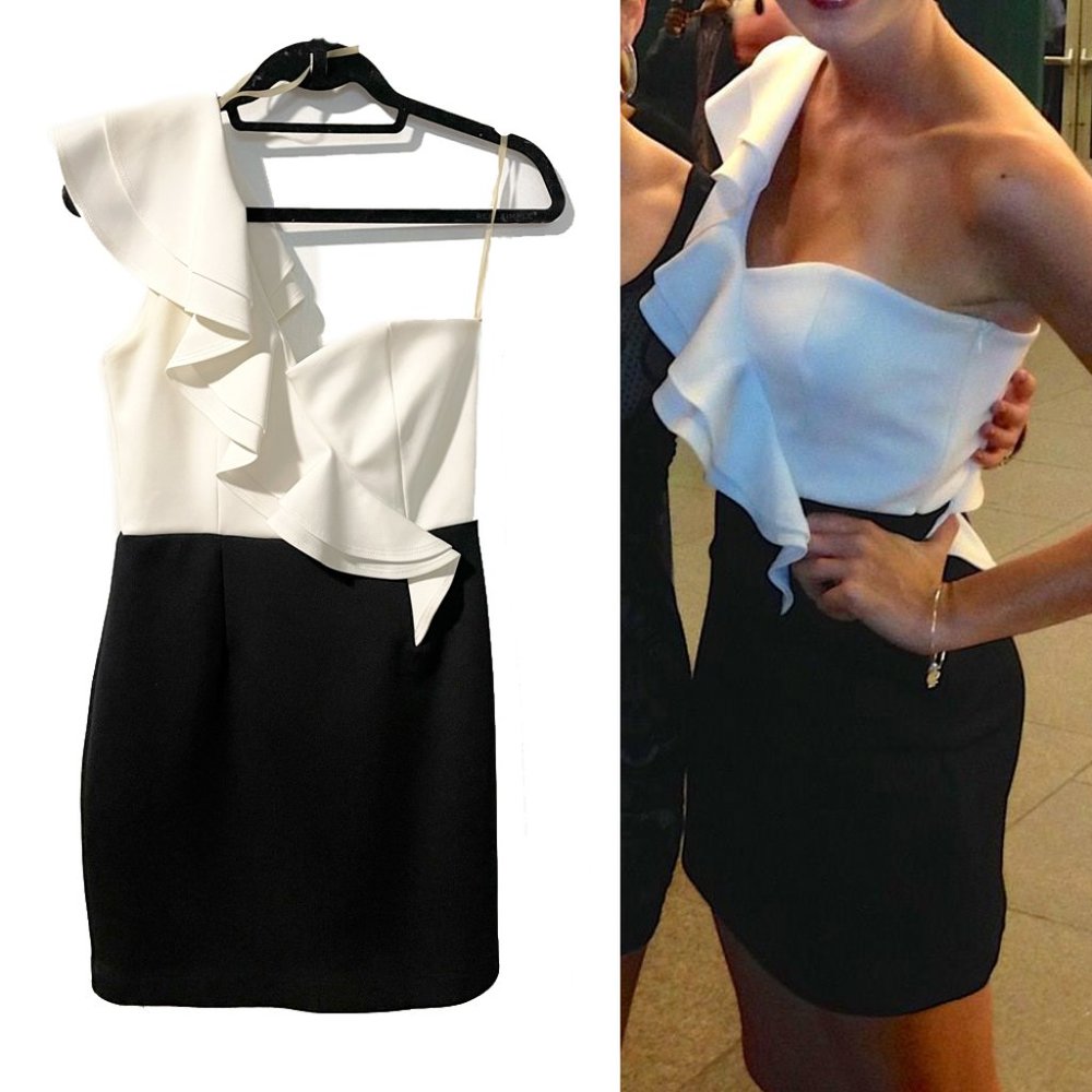 Black and White One Shoulder Ruffle Dress